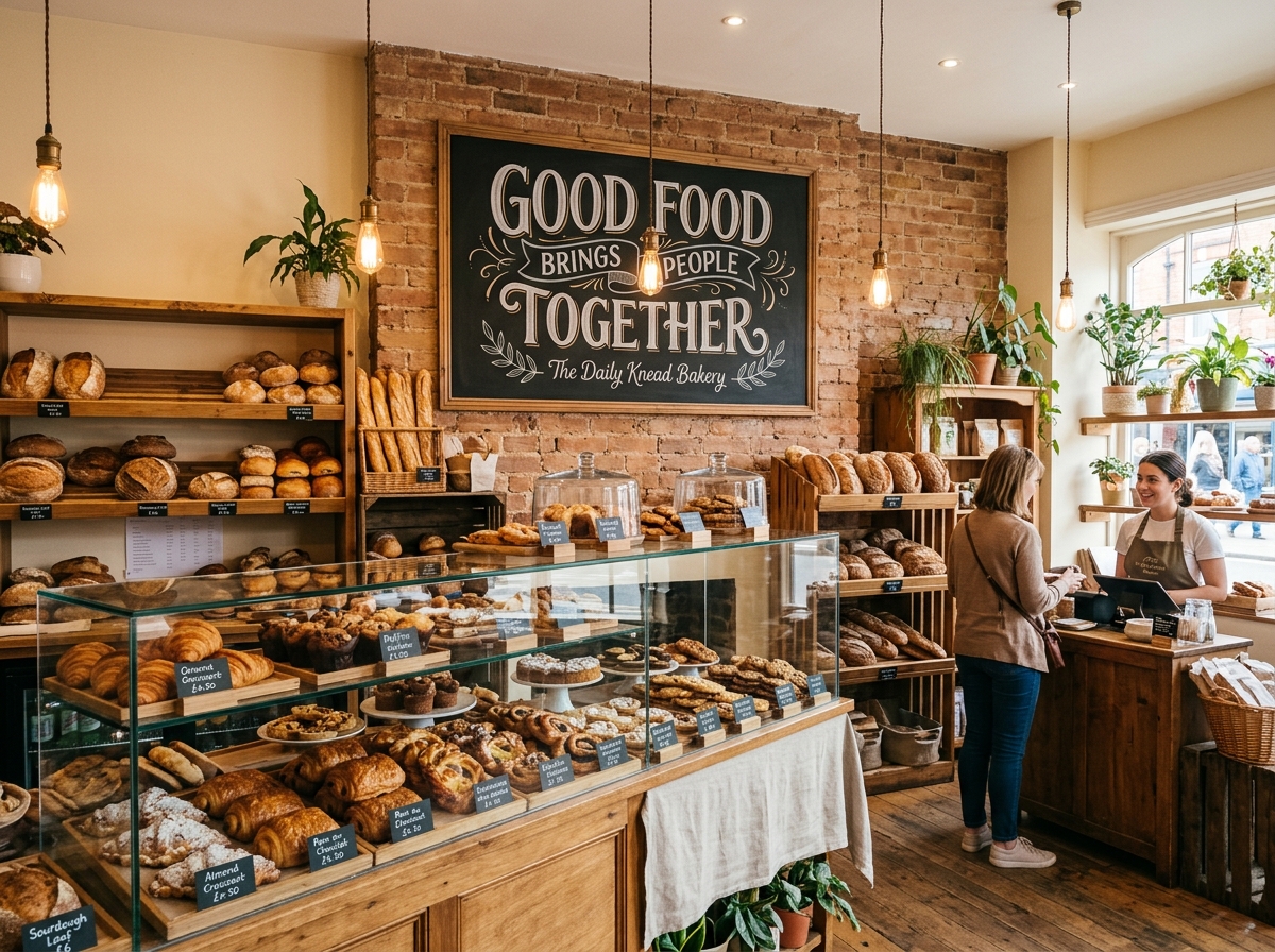 Sharma Bakery shop display counter with fresh breads, pastries and chalkboard sign reading Good Food Brings People Together